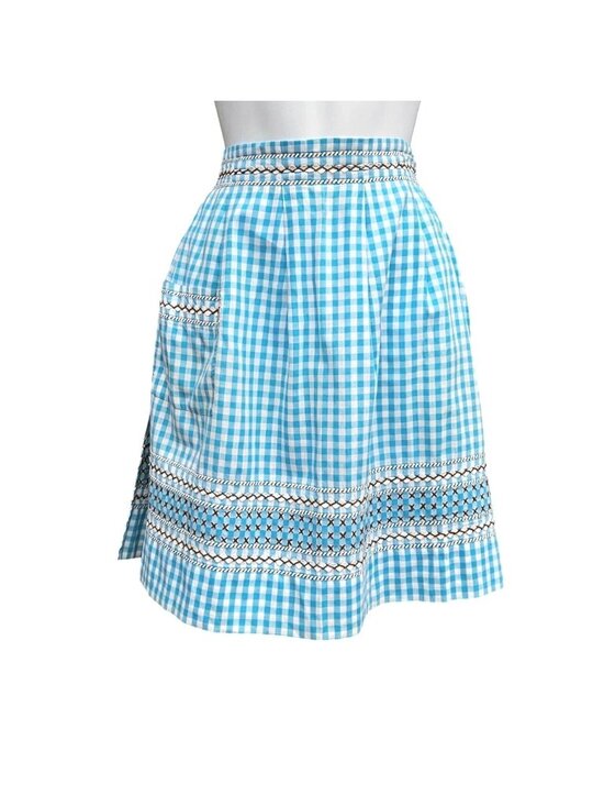 Handmade Accessories - Vintage Handmade Turquoise Gingham Half Apron Hand Embroidery Rickrack Cotton